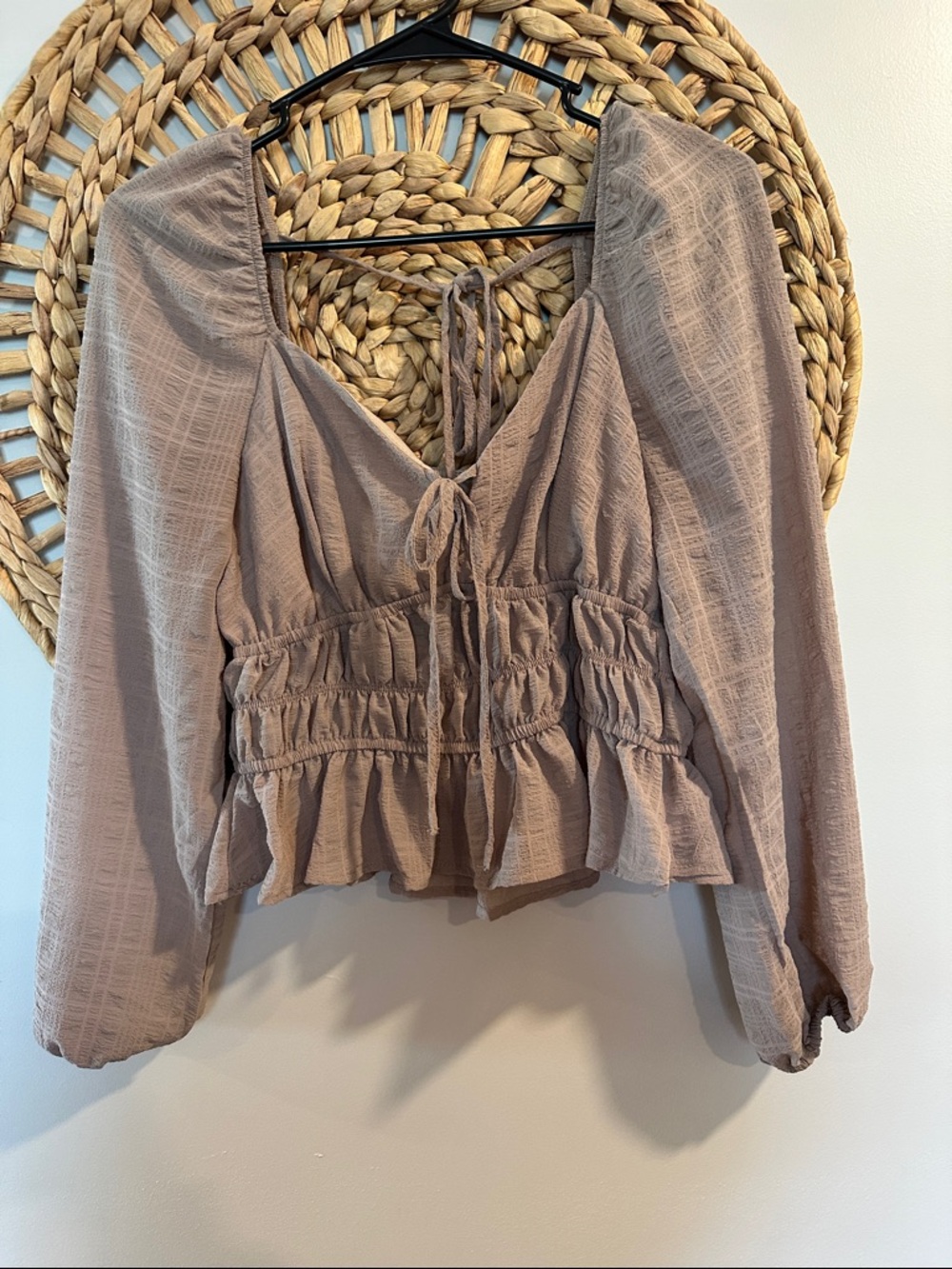 Mauve Peasant Blouse with Smocked Waist and Tie Front